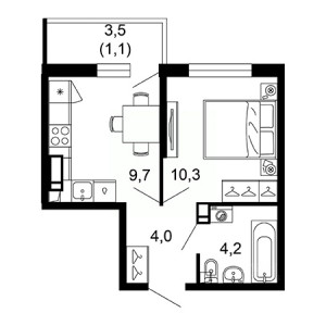 1 комнатная 29.3м²