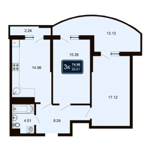 3 комнатная 74.96м²