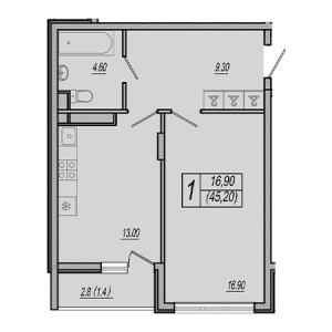 1 комнатная 45.2м²