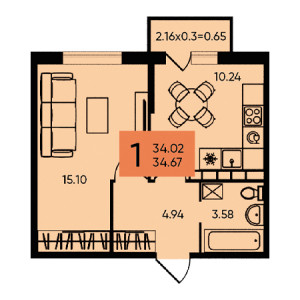 1 комнатная 34.67м²