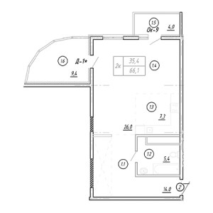 1 комнатная 66.1м²