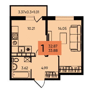 1 комнатная 33.88м²