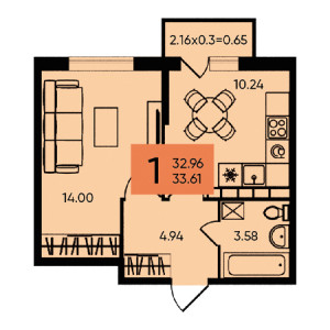 1 комнатная 33.61м²