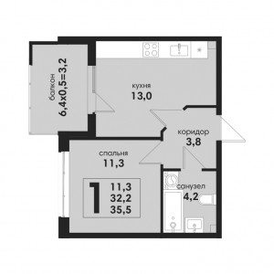 1 комнатная 35.5м²