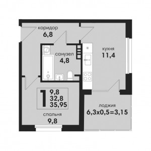 1 комнатная 35.95м²