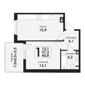 1 комнатная 40.8м²