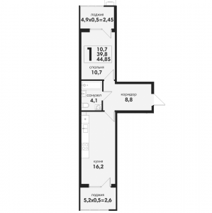 1 комнатная 44.85м²