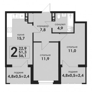 2 комнатная 56.1м²