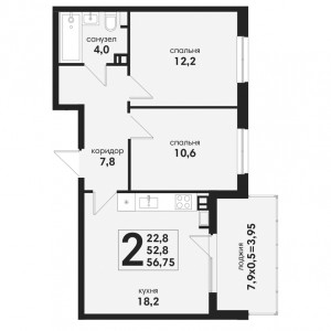 2 комнатная 56.75м²