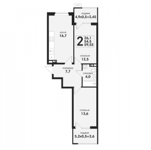 2 комнатная 59.55м²