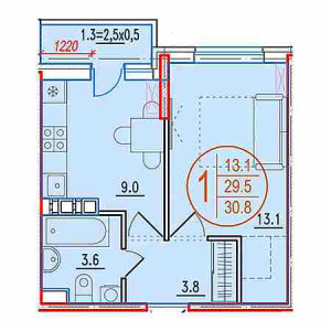 1 комнатная 30.8м²