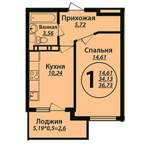 1 комнатная 36.73м²