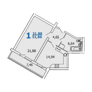 1 комнатная 51.86м²