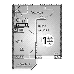 1 комнатная 34.7м²