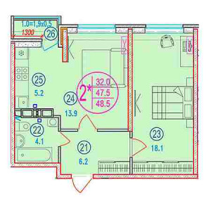 2 комнатная 48.5м²