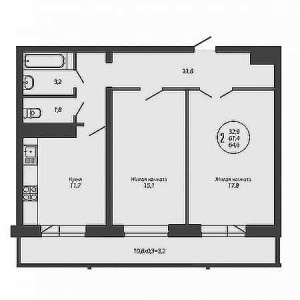 2 комнатная 64.6м²