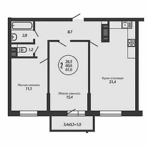 2 комнатная 61.6м²