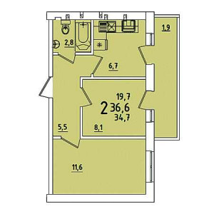 2 комнатная 36.6м²