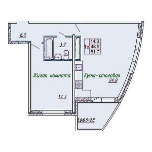 1 комнатная 51.7м²