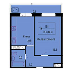 1 комнатная 44.9м²