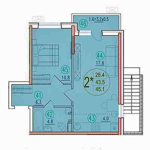 2 комнатная 45.1м²