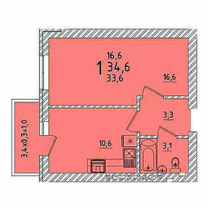 1 комнатная 34.6м²