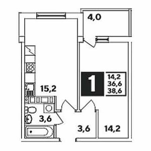 1 комнатная 38.6м²