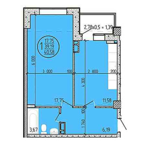 1 комнатная 40.58м²