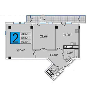 2 комнатная 91.3м²