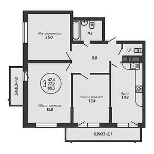 3 комнатная 80.3м²