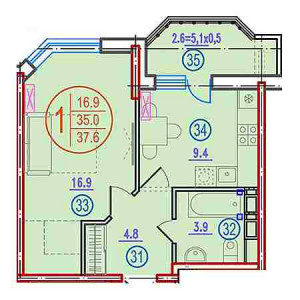 1 комнатная 37.6м²