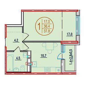 1 комнатная 37.8м²