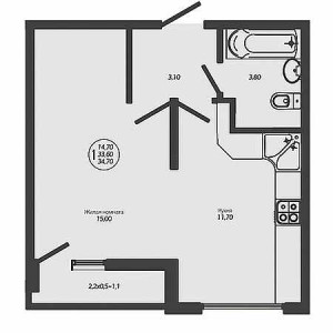 1 комнатная 34.7м²