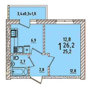 1 комнатная 26м²