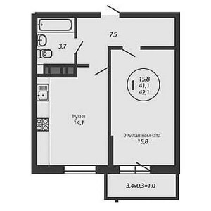 1 комнатная 42.1м²