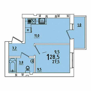 1 комнатная 28.5м²