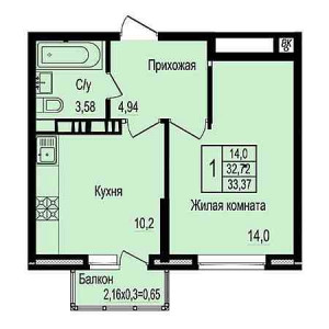 1 комнатная 33.37м²