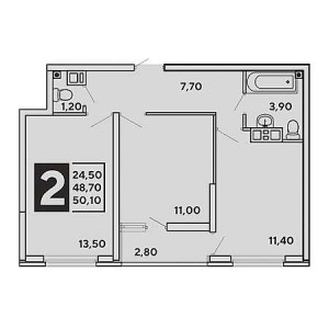 2 комнатная 50.1м²