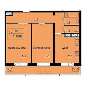 2 комнатная 64.6м²