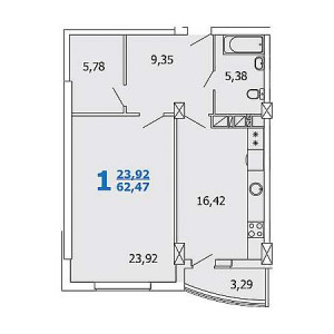 1 комнатная 62.47м²