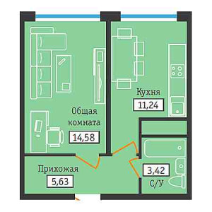 1 комнатная 34.87м²