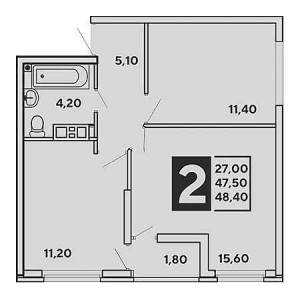 1 комнатная 48.4м²