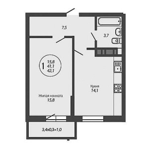 1 комнатная 42.1м²