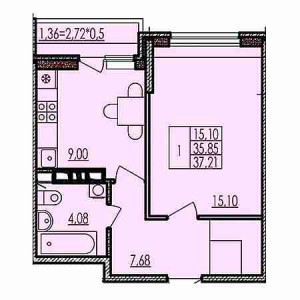 1 комнатная 37.21м²