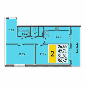 2 комнатная 56.67м²