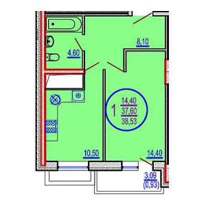 1 комнатная 38.53м²