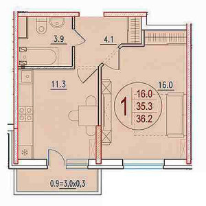 1 комнатная 36.2м²