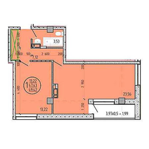 1 комнатная 49.42м²