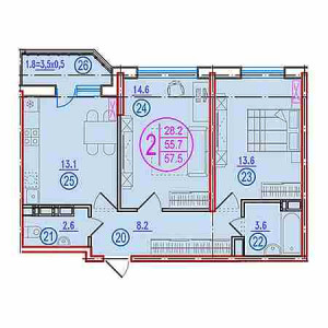 2 комнатная 57.5м²