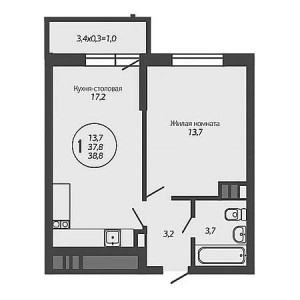 1 комнатная 38.8м²